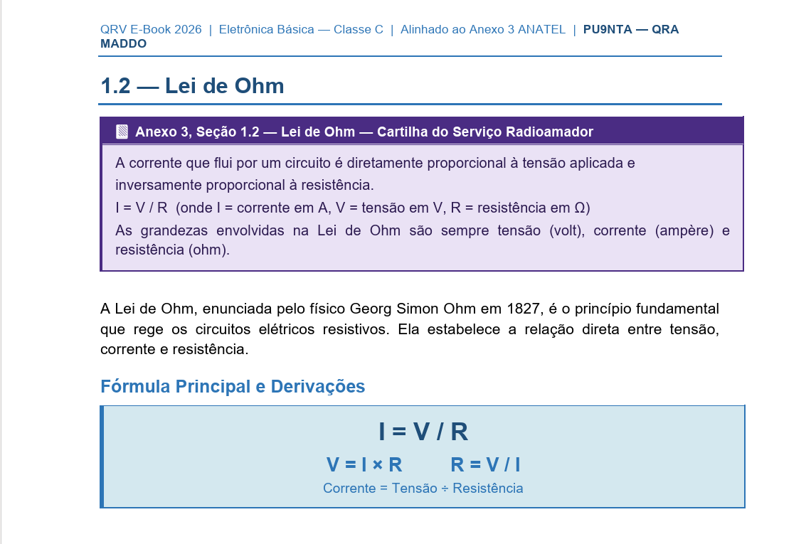 Página do e-book sobre Lei de Ohm — Disciplina 3 de Eletrônica